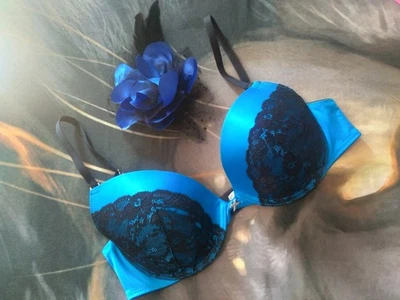 Vintage Frederick's Of Hollywood Bra 36C Blue Black Lace Overlay Plunge  2000s - Image 1 of 4