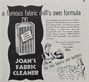 Limpiador de telas Joan's Woonsocket RI removedor de manchas anuncio impreso vintage 1945 - Imagen 1 de 4