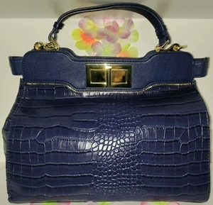 OLIVIA+JOY💥LNC💥Galaxy Blue Double Entry Croc Embsd Vegan Lthr w Gold Chain &D - Picture 1 of 12