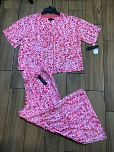 Donna Karan Sleep Set Modal Knit Size XL Short Sleeve Top Capri Pant Pink Floral - Picture 1 of 9