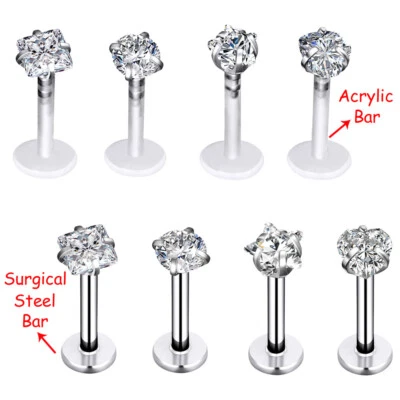 8PCS Crystal CZ Labret Lip Rings Studs 16G Cartilage Tragus Earrings Retainer - Image 1 of 4