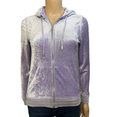 Chaqueta deportiva de terciopelo Y2K BCBG MaxAzria pequeña estrás con capucha púrpura cremallera glamour Foto 1 de 4
