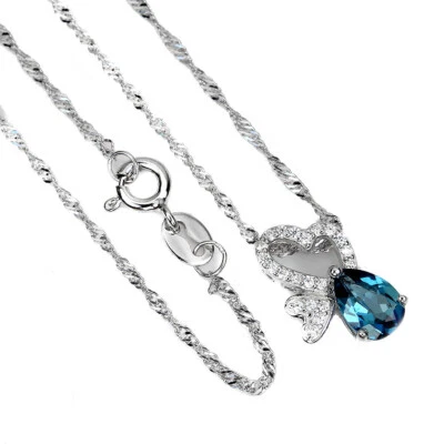 925 Sterling Silver Necklace Pear London Blue Topaz 7x5mm Simulated Cz Necklac - Image 1 of 4