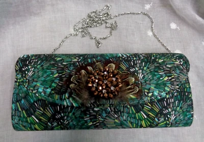 CHARMING CHARLIE ~ Turquoise Ostrich Feather Fabric Silver Chain Clutch ~ 10" L - Image 1 of 4