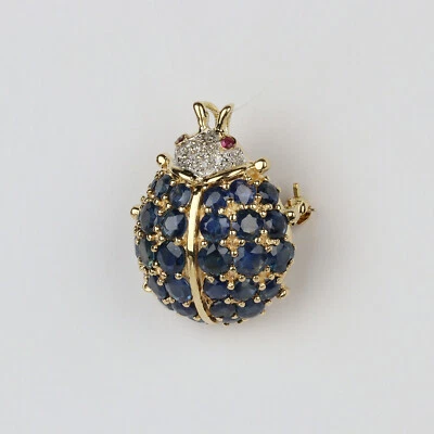 Broche colgante "Ladybug" de oro amarillo de 14k, zafiro, rubí, diamante para mujer Foto 1 de 4