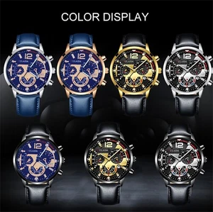 Fashion Sport Men's Stainless Steel Case Leather Band Quartz Analog Wrist Watch - Picture 1 of 30