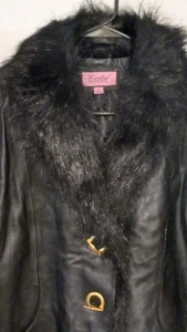 Nwt Womens Sz Large Lamb Leather Faux Fur Black Lambskin  Coat Jacket - Picture 1 of 23