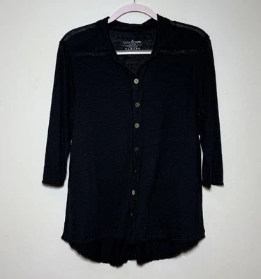 Неоновый Будда черный 100% льняной верхний размер M рубашка несоответствующие кнопки 1/2 рукава богемное - Изображение 1 из 4