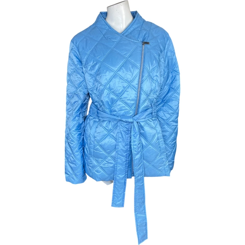 Susan Graver Lightly Padded Quilted Moto Jacket Bell Blue Medium NWOT Belted - Image 1 of 4