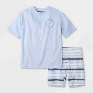 Art Class Show Yourself More Love 2Pc Plain/Stripe Unisex Blue Pajama Lounge Set - Picture 1 of 13
