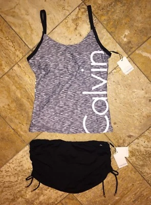 Calvin Klein Black Gray Logo Swim Skirt Tankini Swimsuit 2pc Set Women's S Nwt - Image 1 of 4