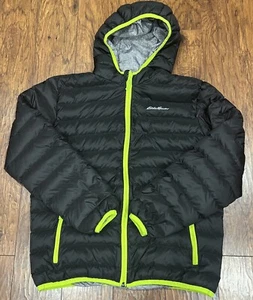 Eddie Bauer Puffer Jacket Youth L 14/16 Black Grey Down Reversible Lightweight - Picture 1 of 10