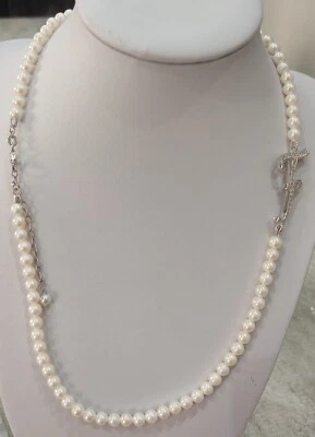 COLLANA DI PERLE 4MM CON LETTERA F IN ARGENTO 925 RODIATO IN ORO BIANCO 18KT - Immagine 1 di 2