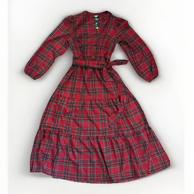 Lands' End Dress Womens Medium Red Plaid Flannel Tiered Belted Long Sleeve Midi - Image 1 of 4