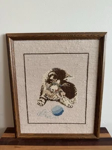 Vintage Pre-worked Needlepoint Canvas Vintage Kitten Cat Blue Yarn 17.5” X 14.5” - Picture 1 of 3