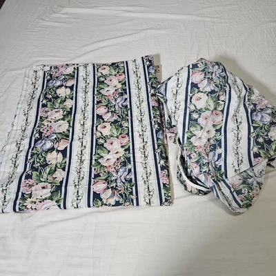 Vint Lady Pepperell Full Size Flat Fitted Sheets Floral Stripe Percale USA Navy - Image 1 of 4