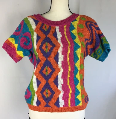 80-е вместе! Свитер верхний коренастый вязаный короткий рукав Missy S цветной геометрический - Изображение 1 из 4