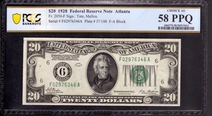 1928 $20 FEDERAL RESERVE NOTE ATLANTA FR.2050-F NUMERICAL SEAL PCGS AU 58 PPQ - Picture 1 of 4
