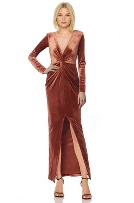 Badgley Mischka Bonny Long Sleeve Velvet Plunge Dress Women's 14 Burnt Orange - Image 1 of 4
