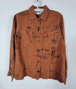 Chico's Womens Animal Print Linen Shirt Size 0 Rust Long Sleeve Button Front Top - Picture 1 of 7