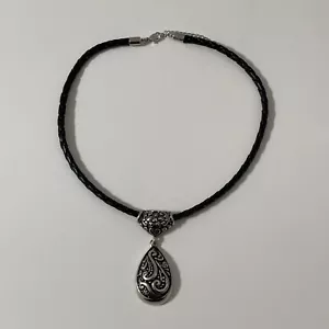 Silberfarben Träne Tropfen Geflochten Schwarz Kordel Anhänger Halskette Floral Boho Bohemian - Bild 1 von 4