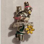 Vintage Costume Jewelry Worn Brooch Pin Bird with Bucket Hat Flower Enamelware