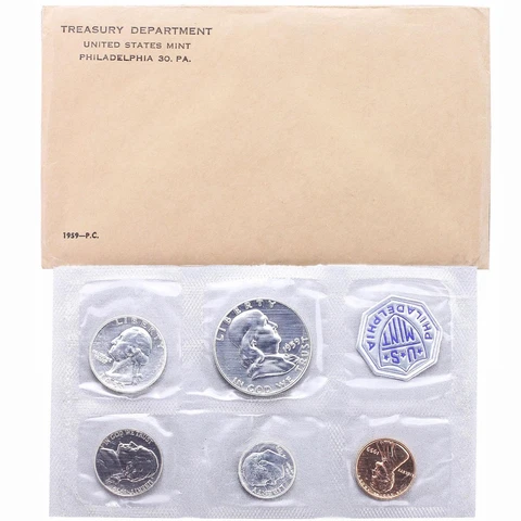 1959 (P) Proof Set Original Envelope 90% Silver US Mint 5 Coins Cover