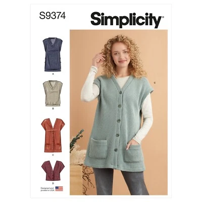 SIMPLICITY 9374 MISSES KNIT VESTS TOPS Sewing Pattern Sizes XXS-XXL Skill: EASY - Image 1 of 4
