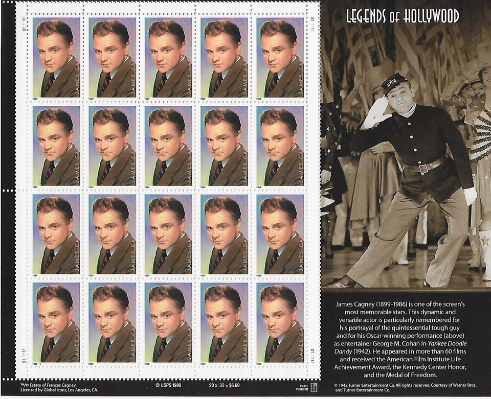 US James Cagney Legends of Hollywood 33c Stamp Sheet Scott #3329 - Image 1 of 1
