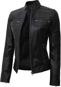 Women Café Racer Motorcycle Real Leather Jacket Free Ship - Picture 1 of 4
