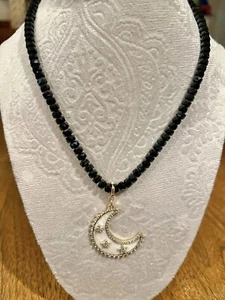 Park Lane COSMIC Facet Black Bead Necklace Mother Pearl Moon Stars CZ Goldtone - Picture 1 of 3