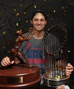Texas Rangers Corey Seager 2023 WS MVP & Champs Trophies Premium 8x10 Photo - Picture 1 of 1