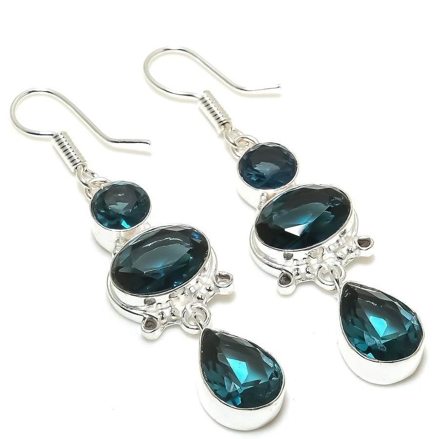 London Blue Topaz Gemstone Handmade 925 Sterling Silver Jewelry  Earring Sz 2.3" - Image 1 of 1