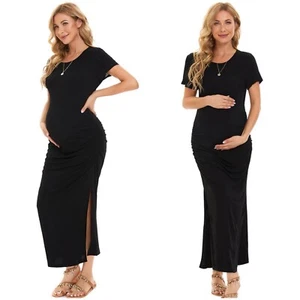 NEW SmallShow Side Slit Jersey Knit Maternity Maxi Dress Black Size XXL - Picture 1 of 15