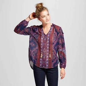 Knox Rose Long Sleeve Sheer Printed Ruffle Top - Blue/Burgundy Size: XS () - Picture 1 of 2