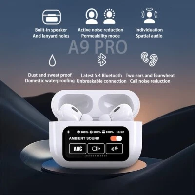 A9 Pro Earphones Wireless Bluetooth 5.4 Headset ANC Noise Reduction Mic Call - Image 1 of 3