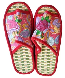 Red Floral Embroidered Shoe Slipper With Pink Flower and Rubber Sole - Picture 1 of 4