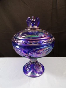 Fenton Blue Carnival Glass Bicentennial Covered Candy Dish Eagle Finial INV2 - Picture 1 of 11