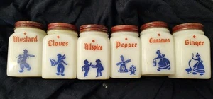 Vintage Frank Tea & Spice Co Milk Glass Dutch Kids Spice Jars Set of 6 USA Nice! - Picture 1 of 7