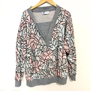 Top Notch Vintage Leaf Patterned Pastel Knit V-Neck Sweater Medium 2X - Picture 1 of 4