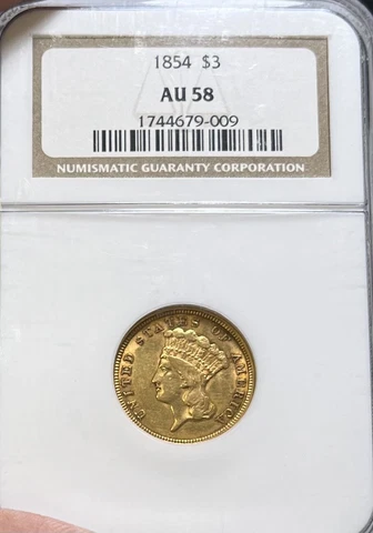 1854 NGC AU58 $3 Three Dollar Gold Piece Cover