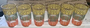 6 Vintage Orange/Gold/Grün Abstrakt MCM Mid-Century Highball Glas Becher - Bild 1 von 19