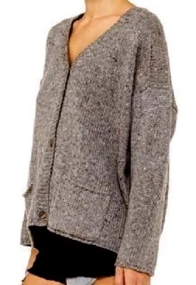 RVCA NO SWEAT Gray Heather Button Up Woven Junior's Oversized Cardigan Sweater  - Image 1 of 2