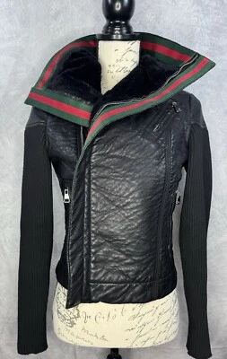 Black Vegan Leather Asymmetrical Moto Jacket Green & Red Accent Stripes Sz Small - Image 1 of 4