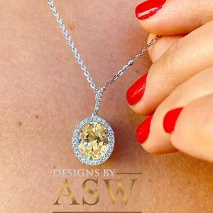 14k White Gold Oval Cut Fancy Yellow And Round Cut Natural Diamonds Pendent Neck - Picture 1 of 8