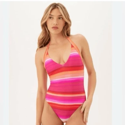 Novo com etiquetas-TRINA TURK-Maiô de mergulho listrado solstício (rosa/laranja/vermelho)-Tamanho 6*ver des* - Imagem 1 de 4