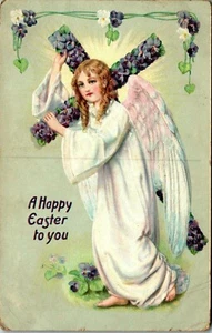Tuck's A Happy Easter to you female angel with cross Purple Flowers Postcard BB2 - Picture 1 of 2