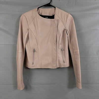 Veda Leather Jacket Women Small Asymmetrical Zip Moto Pink Collarless Biker Chic - Image 1 of 4