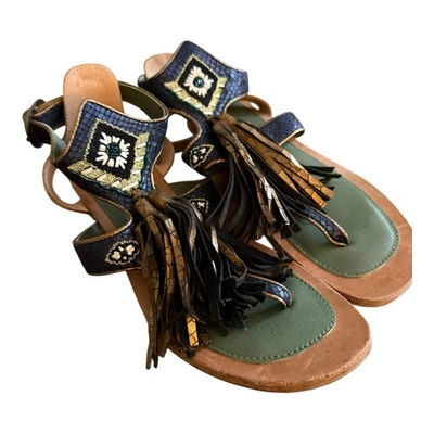 Meher Kakalia Sofia Sandal Sz EU 38 US 7 Leather Tassel Embellished Beaded Thong - Image 1 of 4