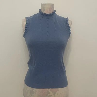 Blue Sleeveless Jumper Size 10 Oasis with pie crust neckline, Cotton Blend - Image 1 of 4